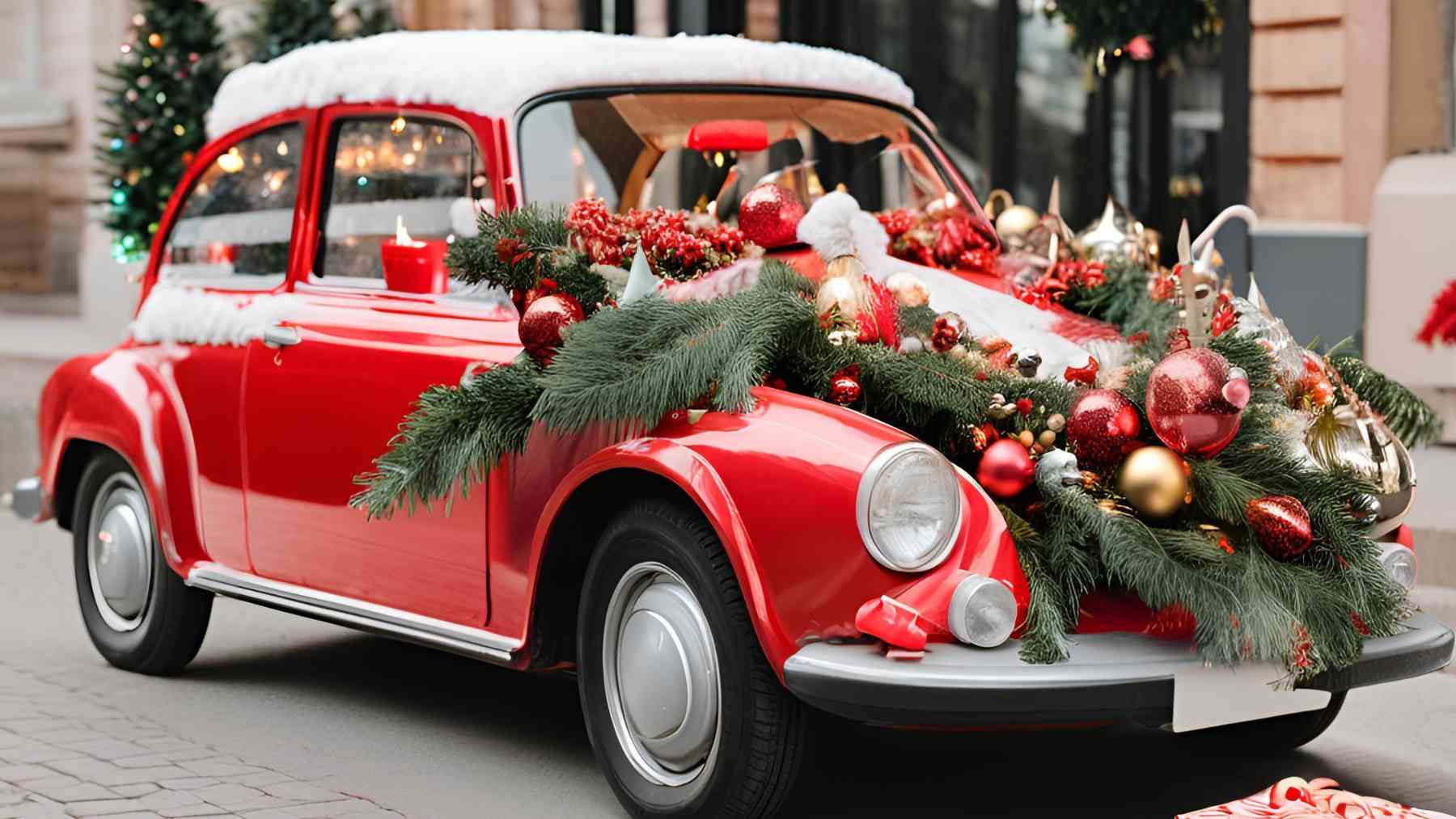 Un coche con adornos navideños.