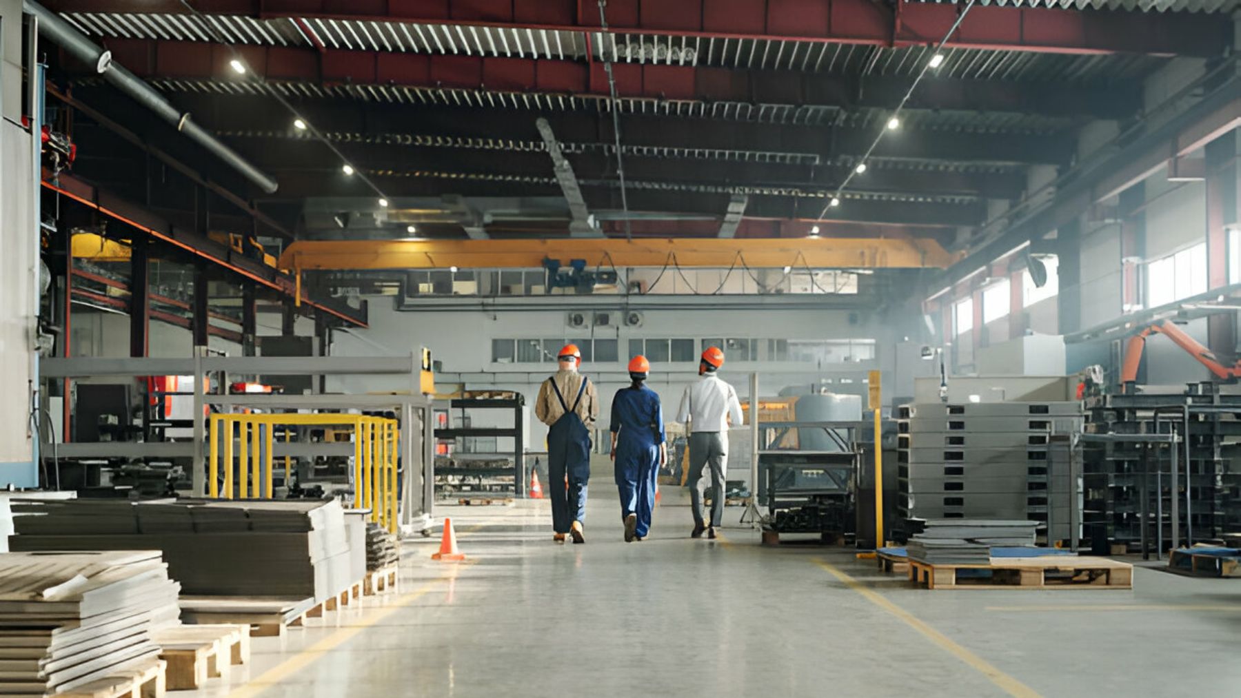 Ingenieros saliendo de un taller.