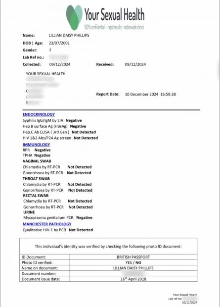 Lily Phillips muestra los resultados de sus análisis de ETS después de su récord de acostarse con 100 hombres en 24 horas (X).