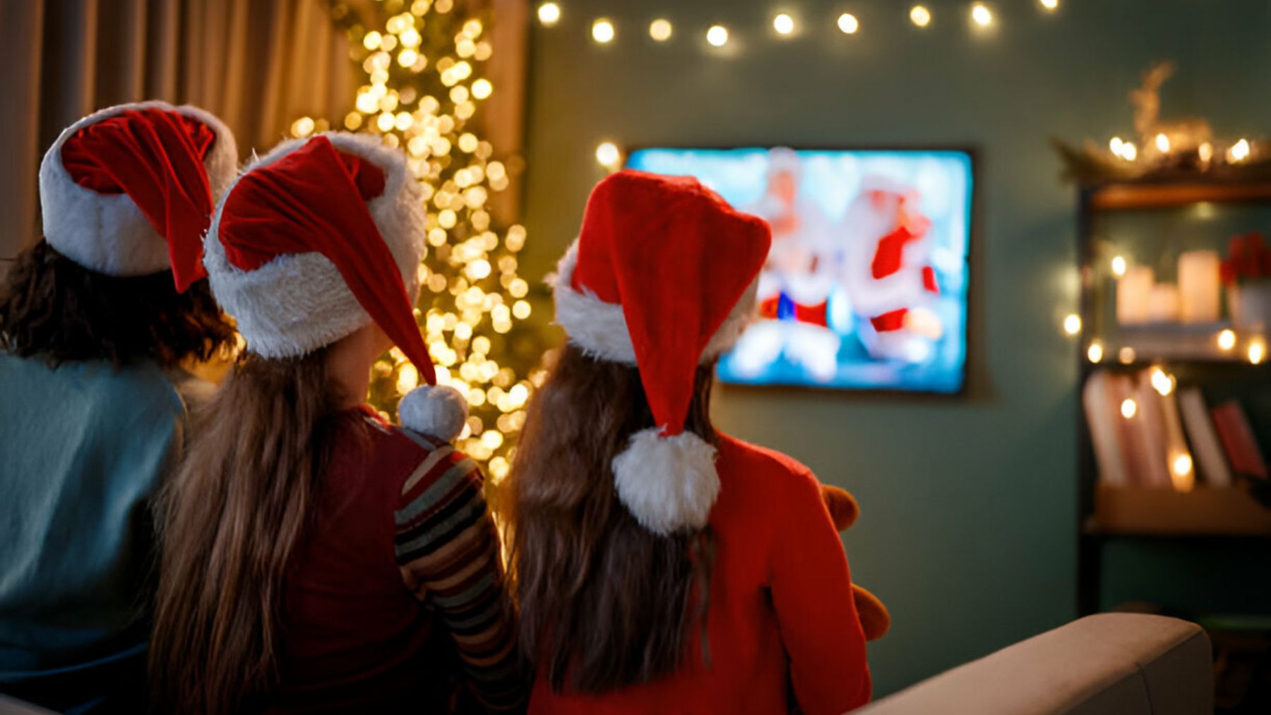 Niños con gorro de Papá Noel viendo la televisión.