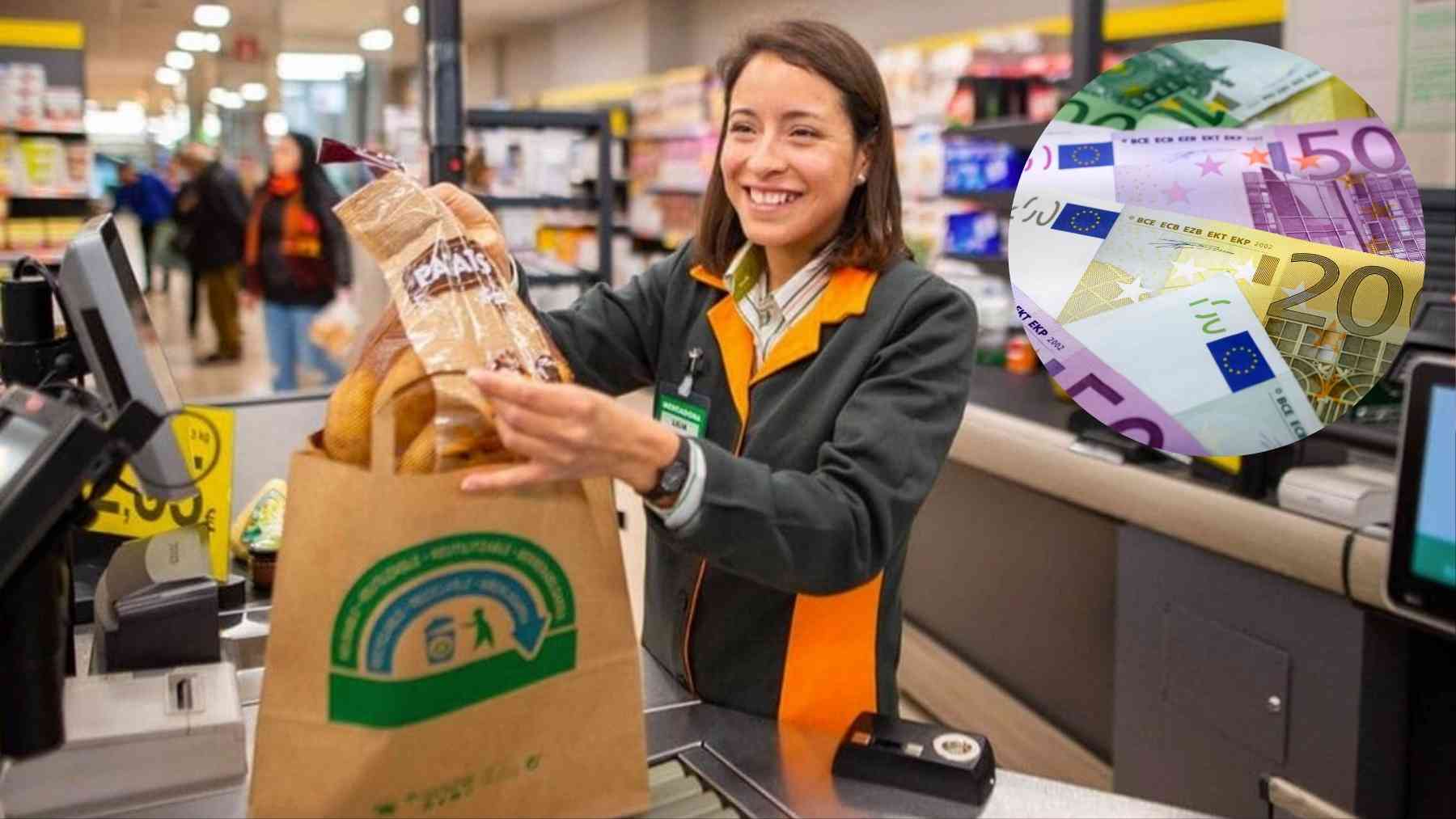 Una empleada de Mercadona y billetes de euro.