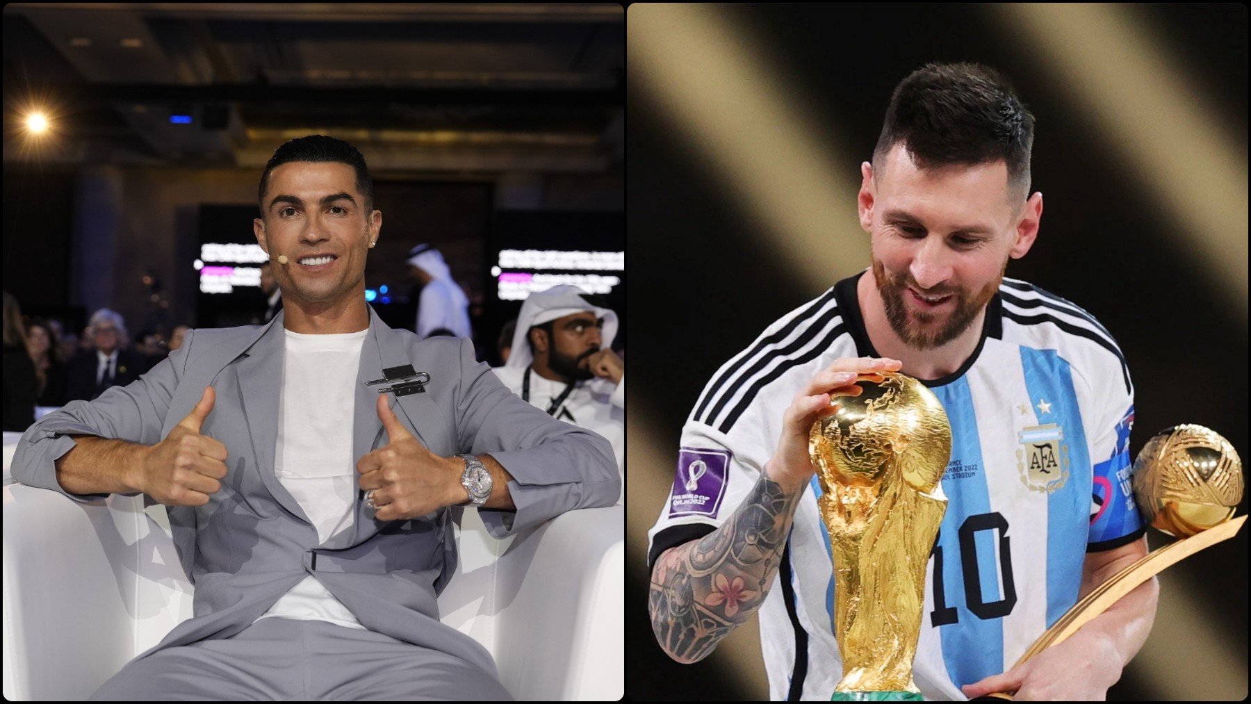 Cristiano Ronaldo en la gala de los Globe Soccer Awards y la imagen publicada por la Ligue 1 de Leo Messi tras ganar el Mundial.