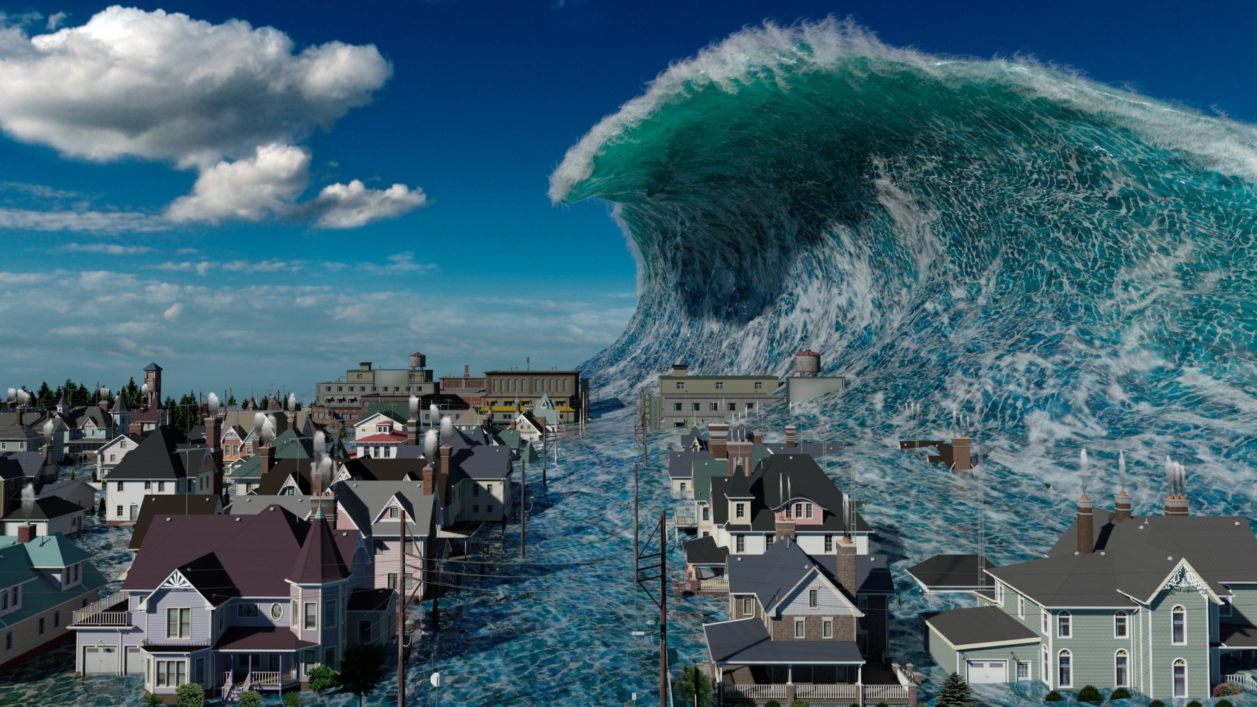 3D illustration tsunami wave apocalyptic water view urban flood Storm