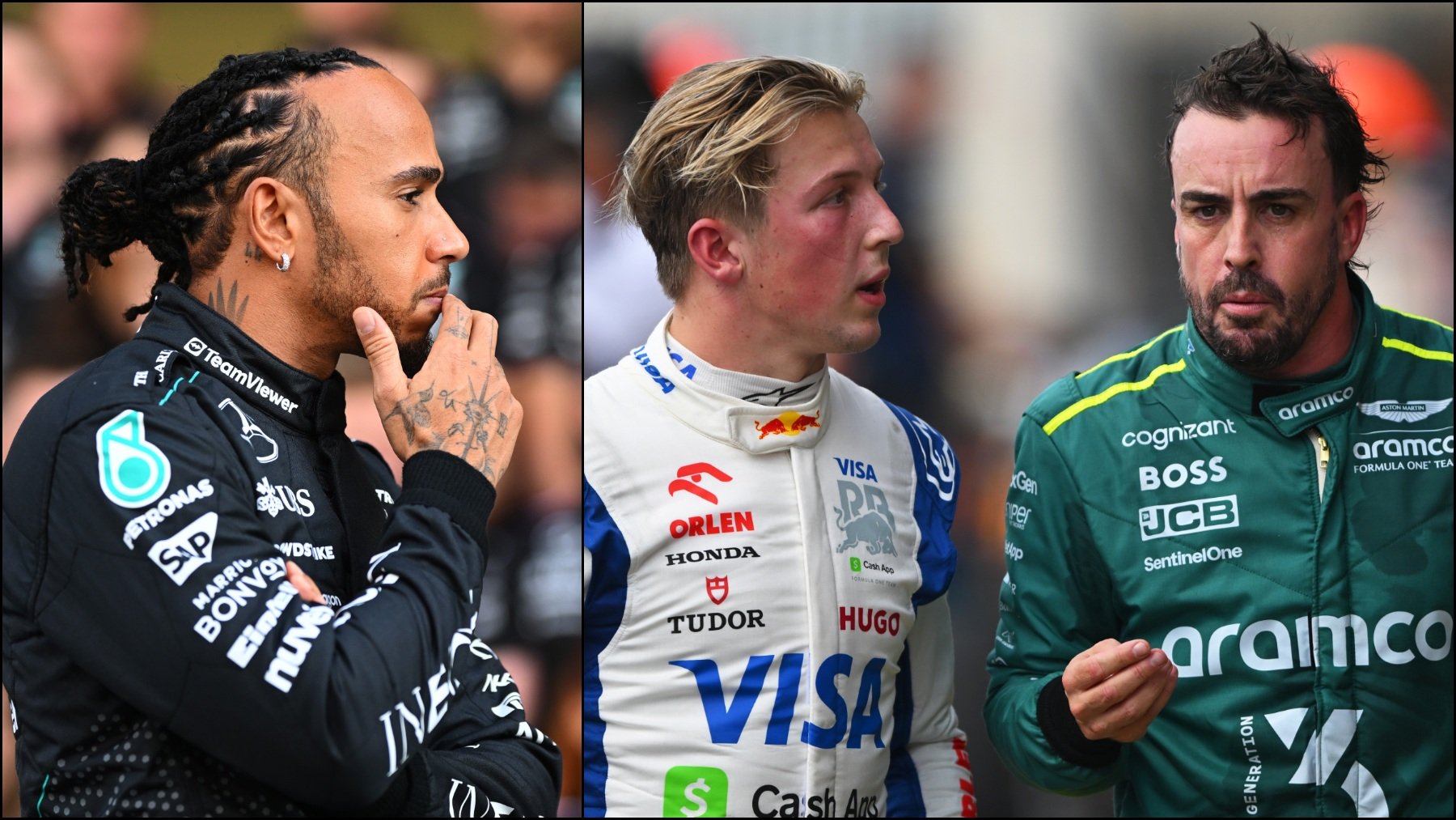 Lewis Hamilton, Liam Lawson y Fernando Alonso. (Getty)