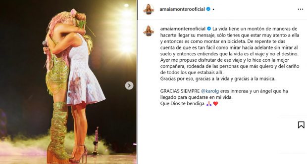 Karol G y Amaia Montero durante el concierto de la colombiana en el Santiago Bernabéu. (Instagram)