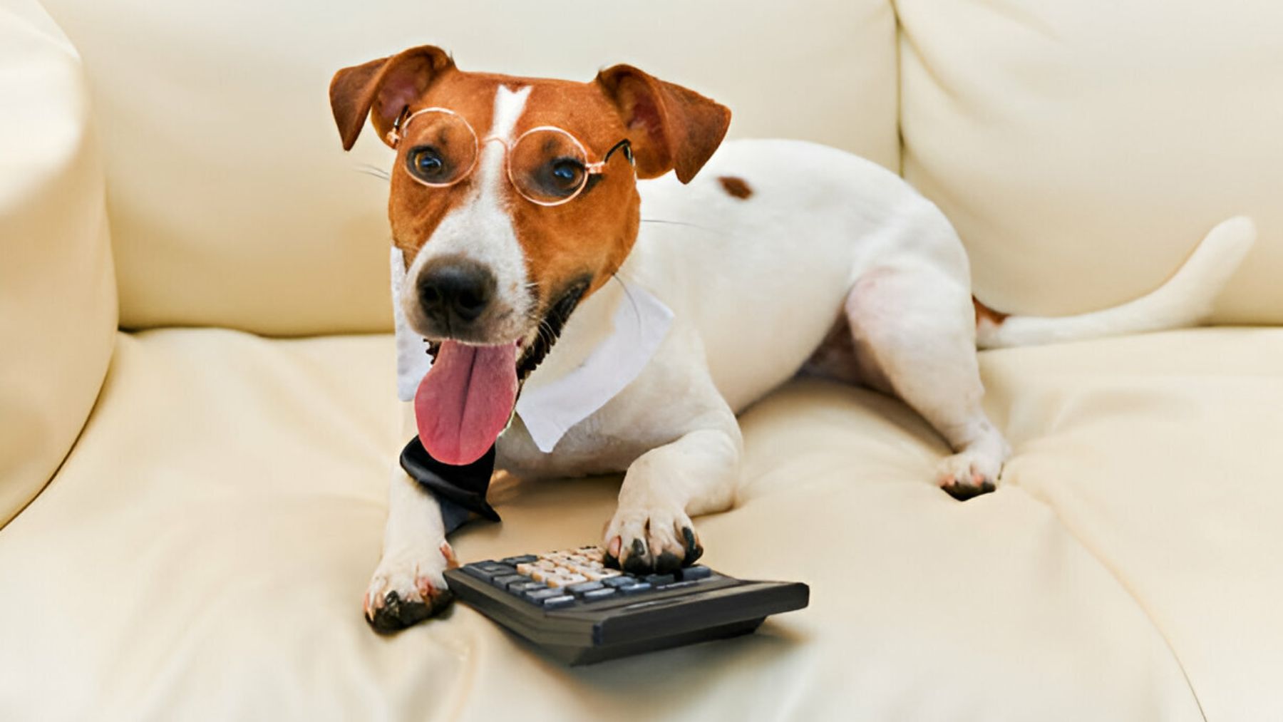 Perro con gafas y una calculadora.