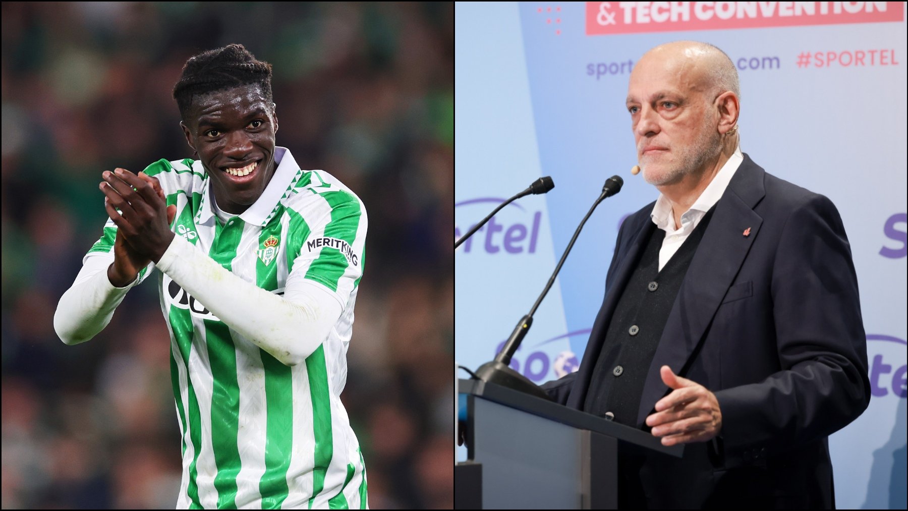 Assane Diao, ex jugador del Betis, y Javier Tebas, presidente de la Liga. (Getty)