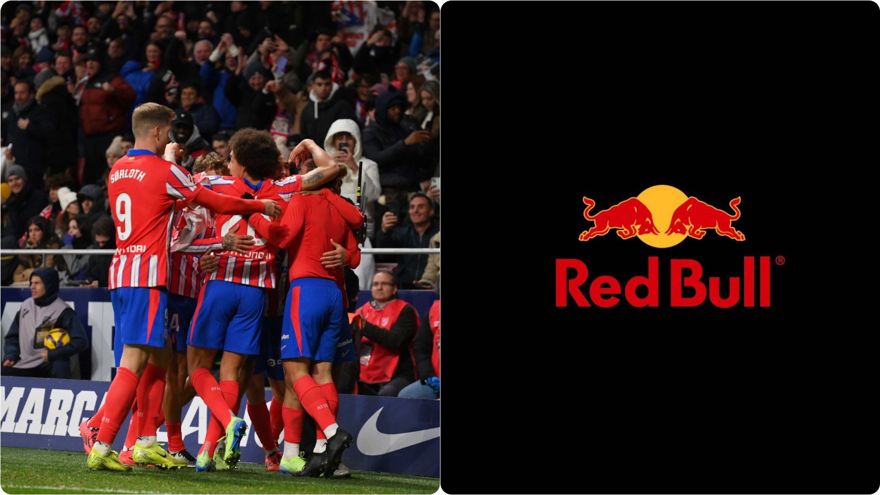 Montaje de los jugadores del Atlético celebrando un gol y el logo de Red Bull. (Getty)