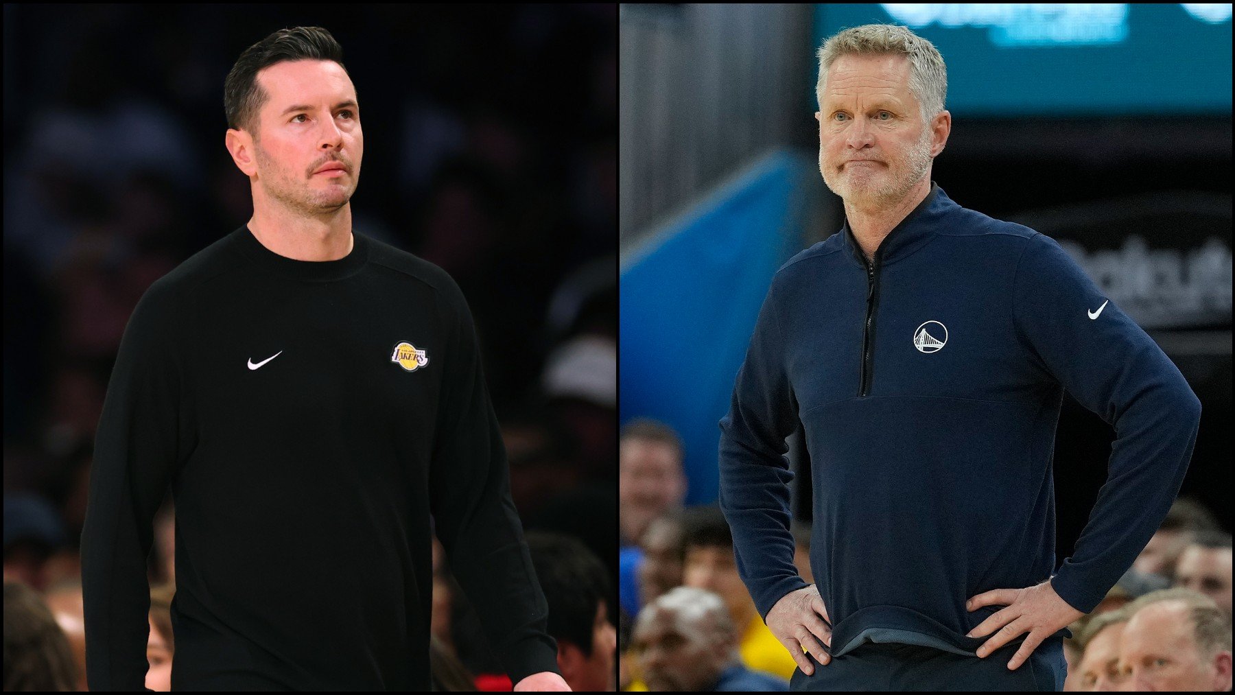 Los entrenadores de Los Ángeles Lakers y Golden State Warriors, JJ Redick y Steve Kerr. (Getty)