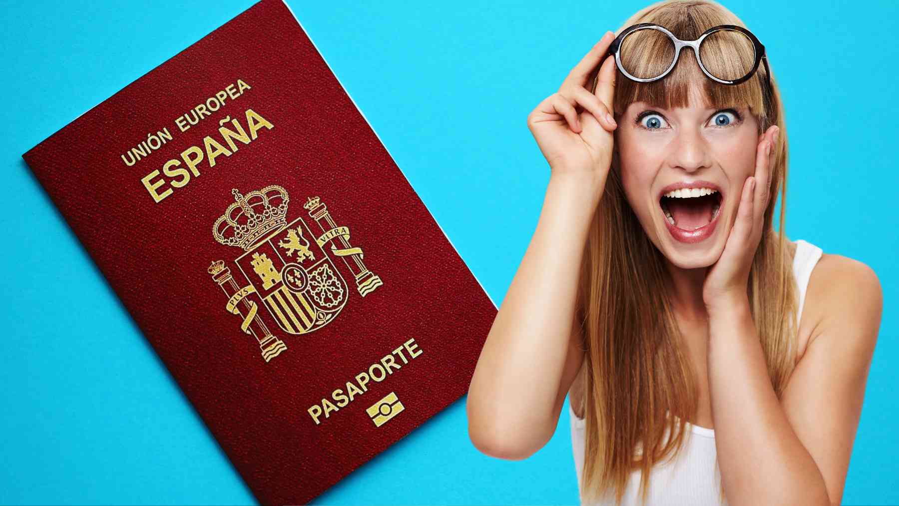 Pasaporte de España y una mujer sorprendida.