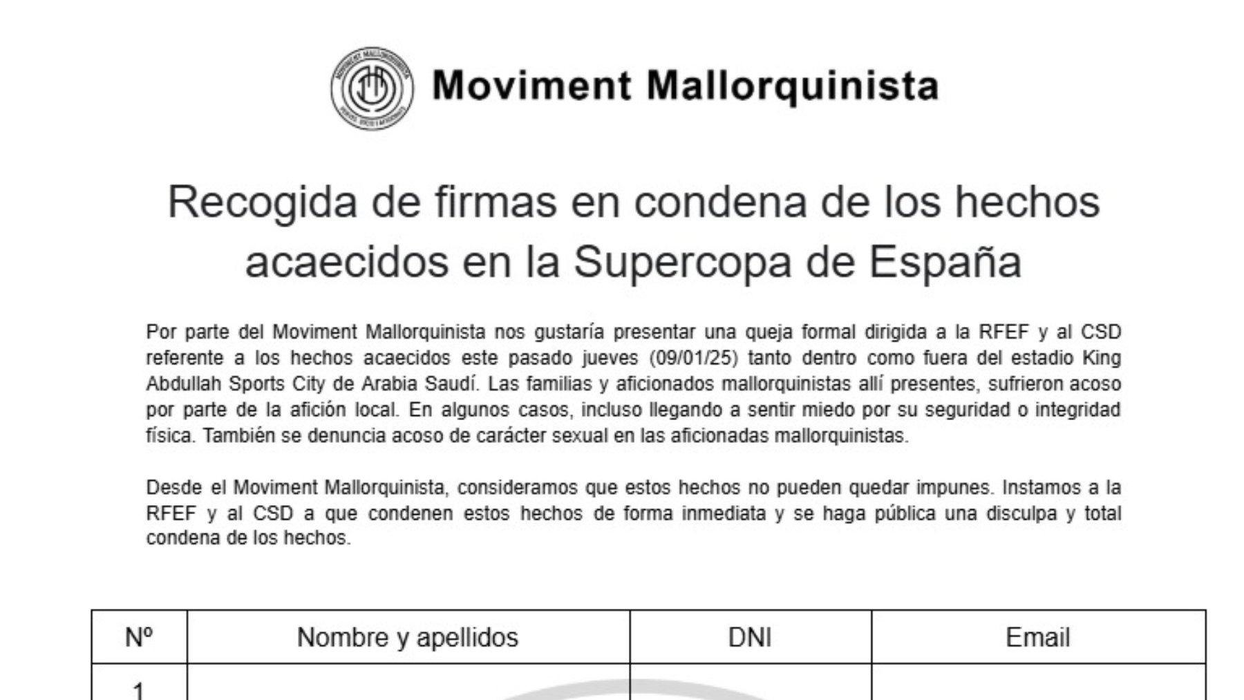 Documento de recogida de firmas.