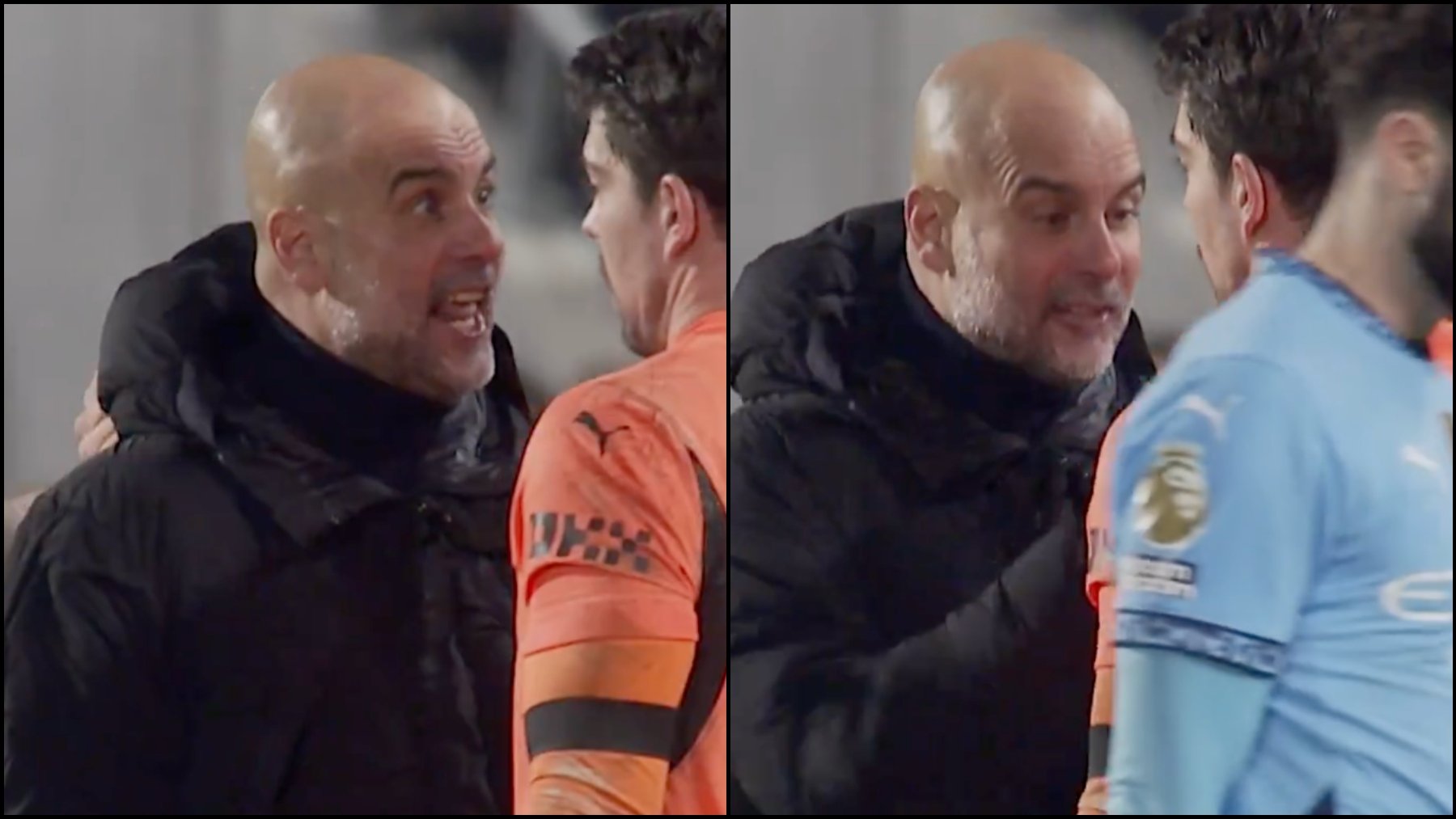 Pep Guardiola y Stefan Ortega, al término del partido del Manchester City.