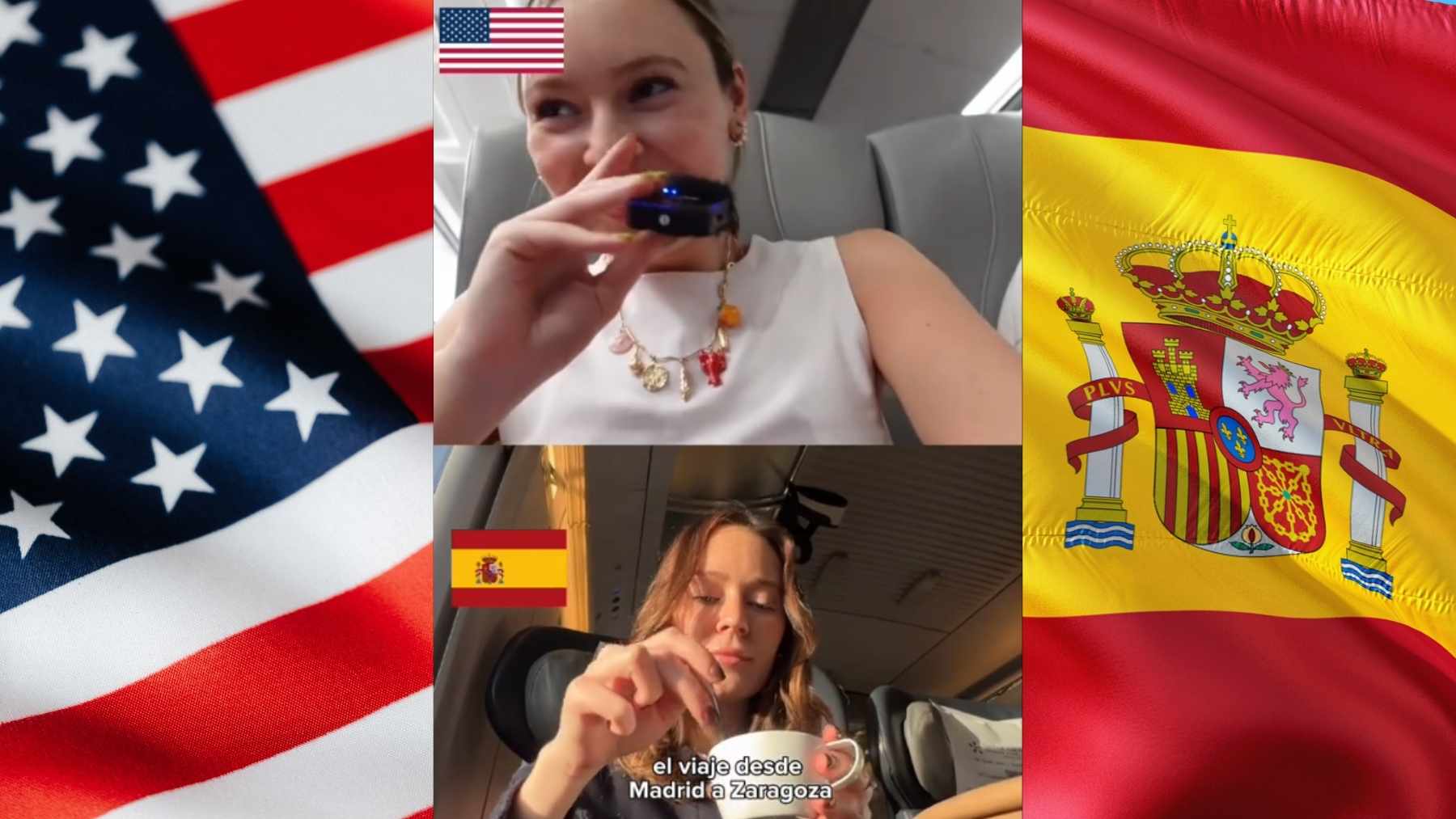 @raquelannee (TikTok) y banderas de Estados Unidos y España.