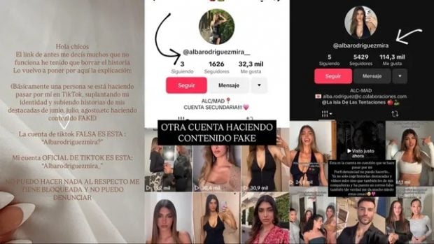 Capturas de las cuentas falsas que se hacen pasar en redes sociales por Alba, concursante de La isla de las tentaciones (Instagram).