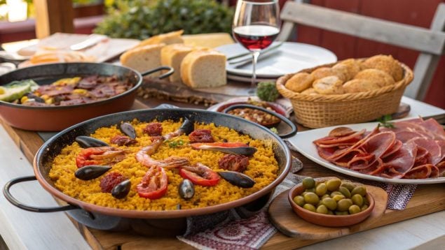 Paella, embutidos, comida