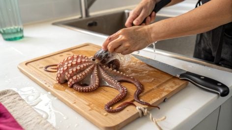 Manos de un cocinero limpiando un pulpo. Imagen: Elaboración propia.