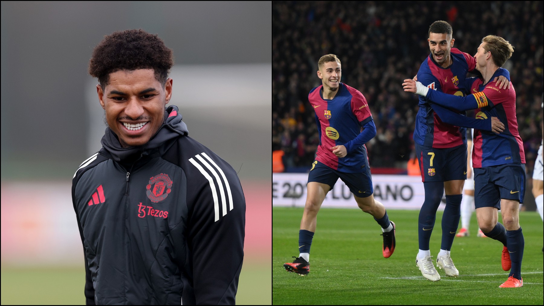 Rashford a un lado y al otro los jugadores del Barcelona celebrando un gol. (Getty)