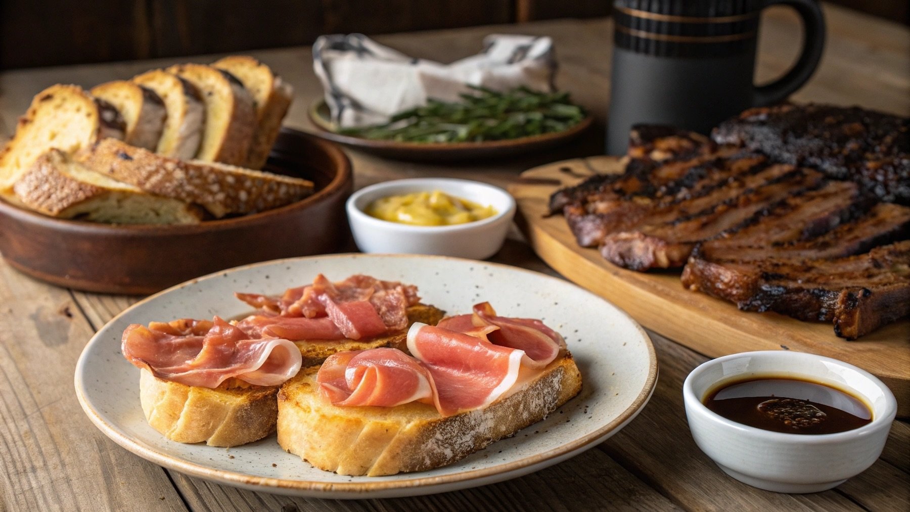 Tostadas con jamón y una costilla. Imagen: Elaboración propia.