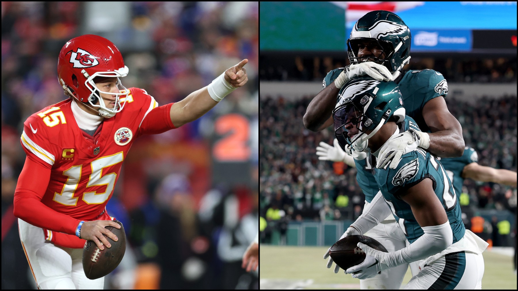 Patrick Mahomes (Chiefs) y Quinyon Mitchell (Eagles) en sus partidos de la NFL. (Getty)