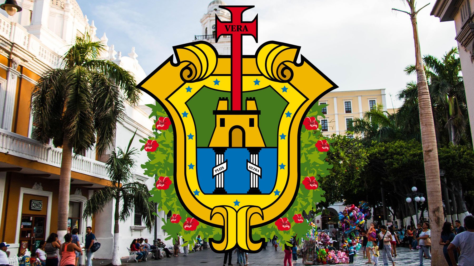 Escudo de Veracruz y su centro histórico de fondo. Foto: Wikimedia Commons y Pixabay.