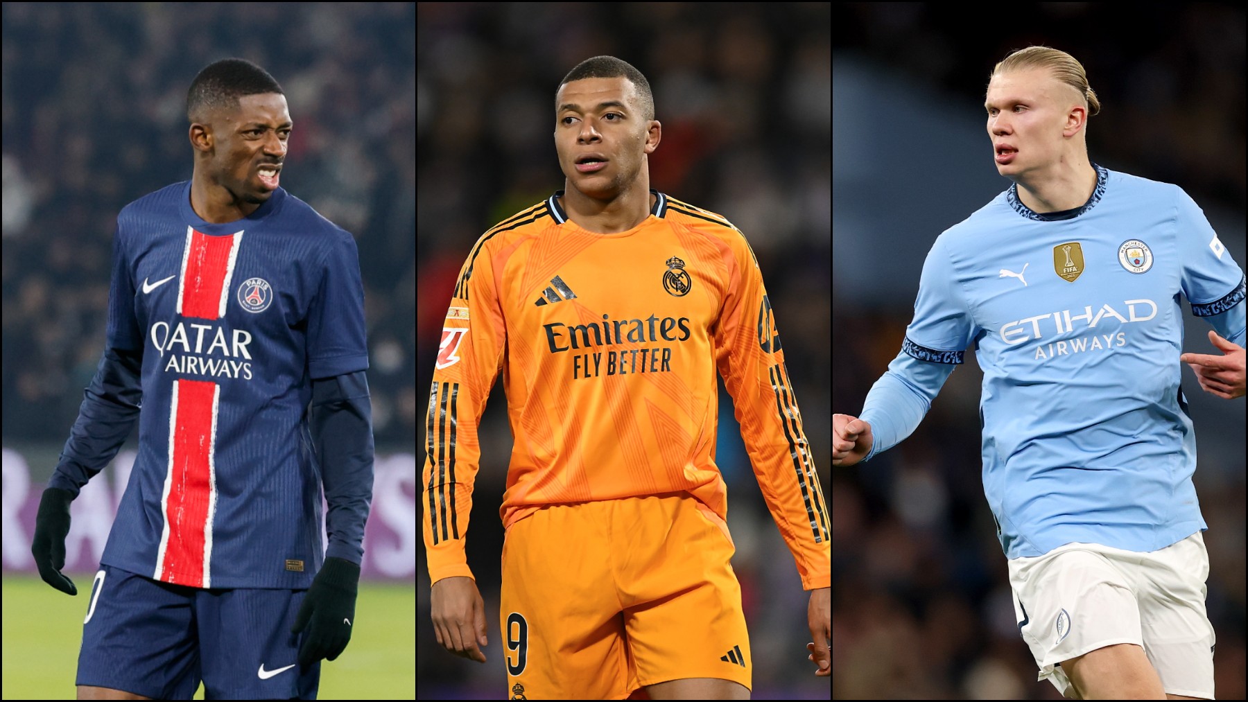 Dembélé, Haaland y Mbappé. (Getty)