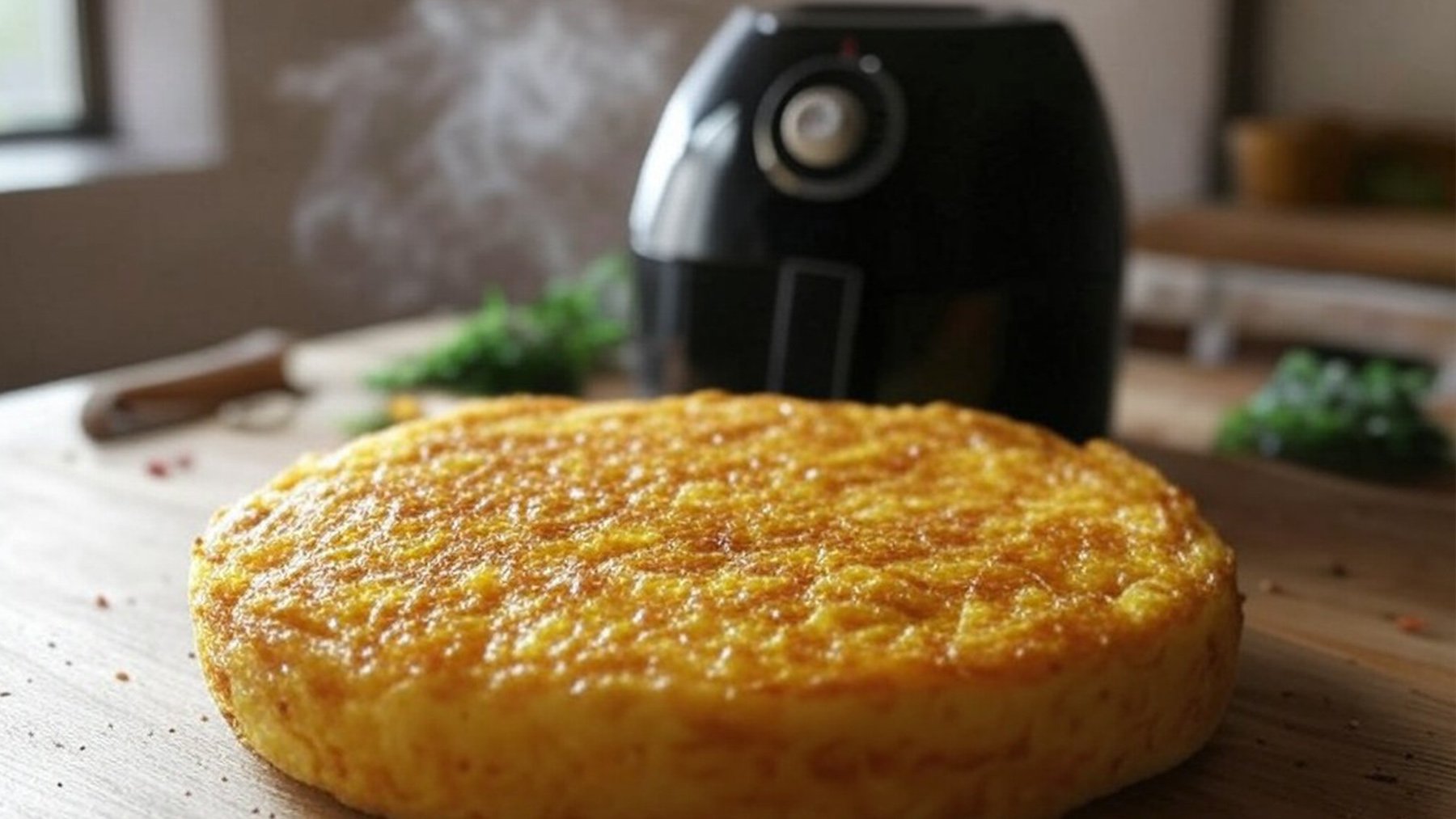 Tortilla de patatas hecha en freidora de aire. Foto: ilustración propia.