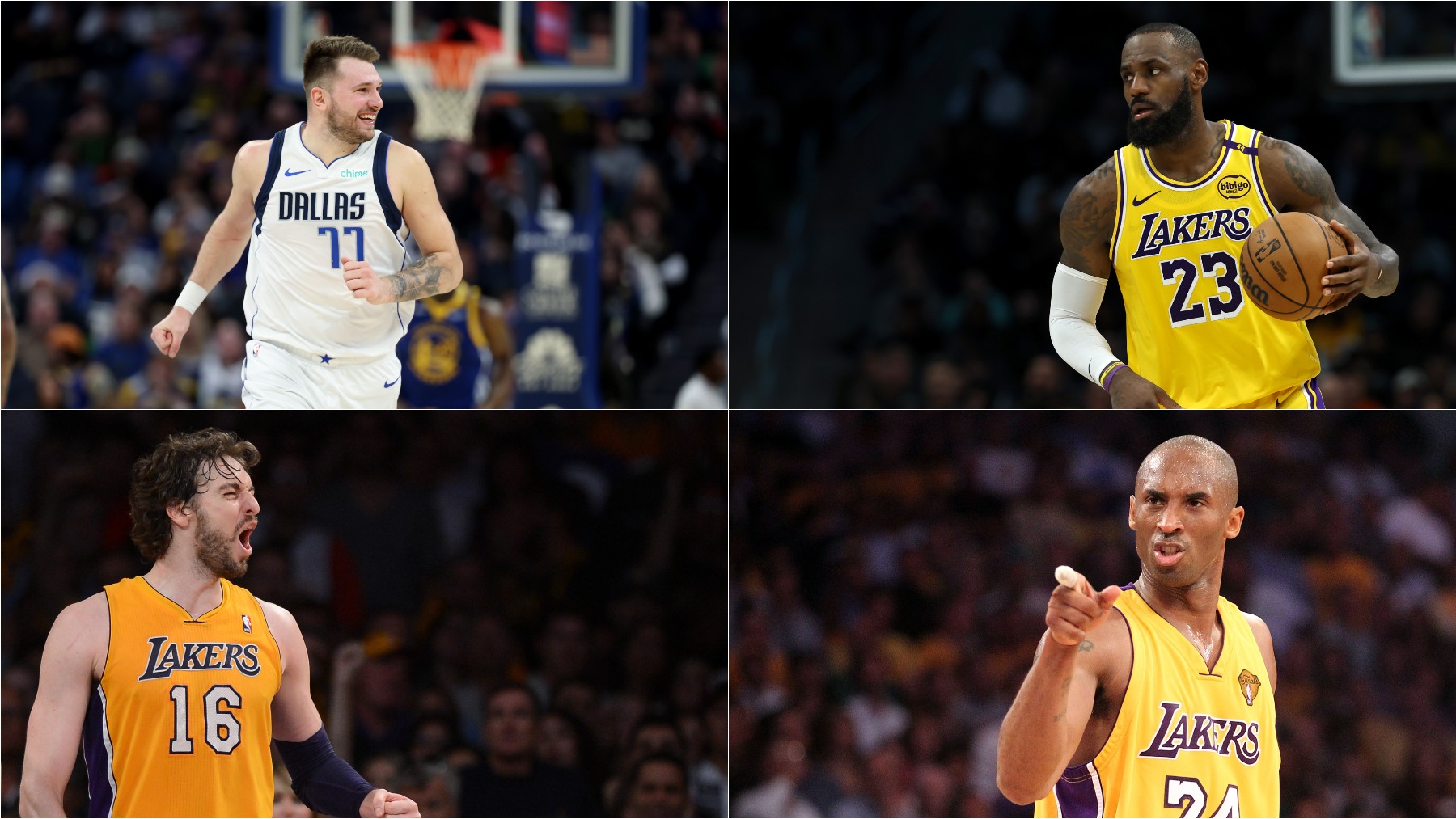 Montaje de Doncic, Gasol, LeBron James y Kobe Bryant. (Getty)