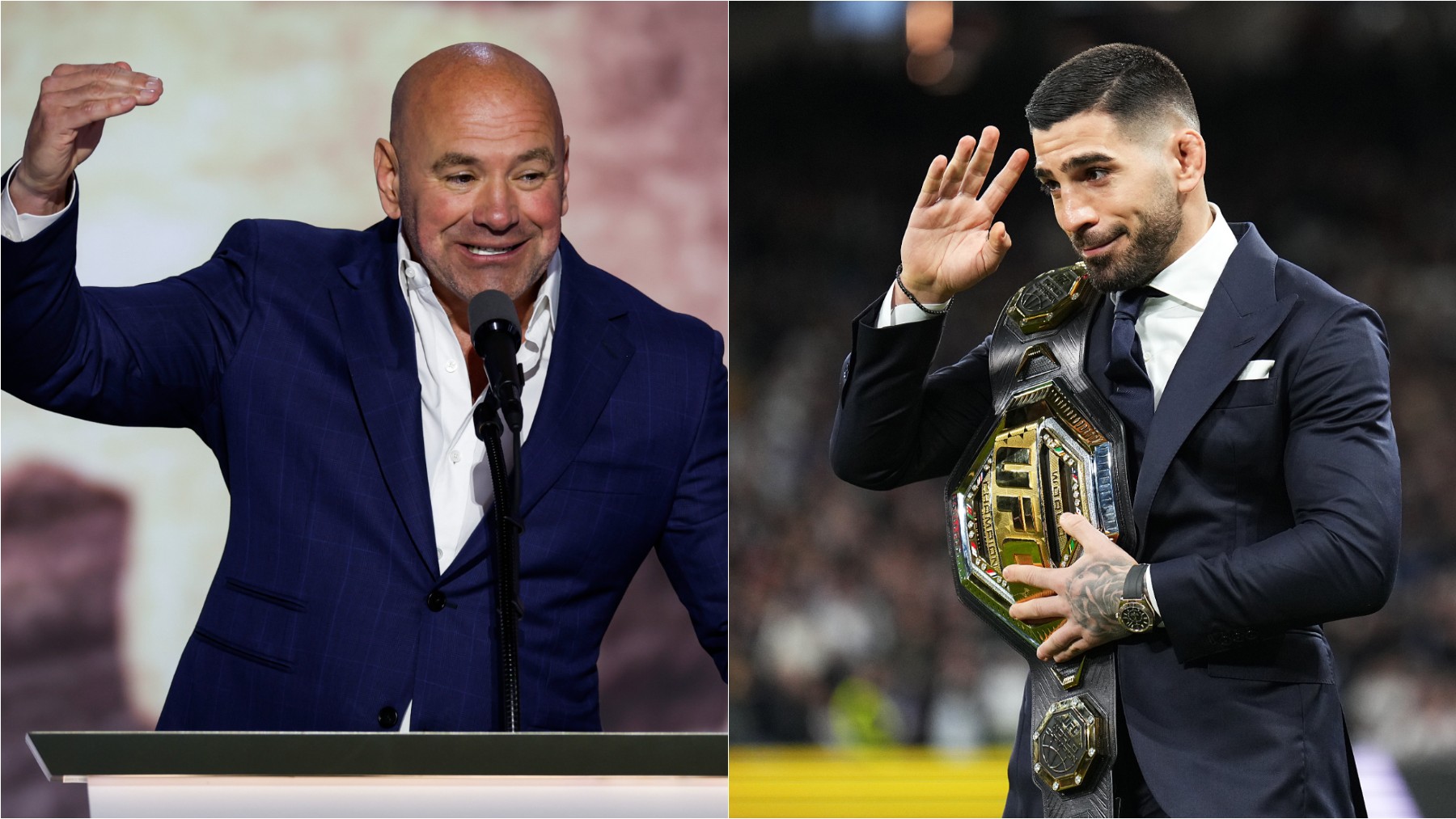 Montaje de Dana White, presidente de la UFC e Ilia Topuria. (Getty)