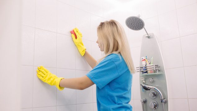 Mujer limpiando, baño, baldosas, baldosas del baño