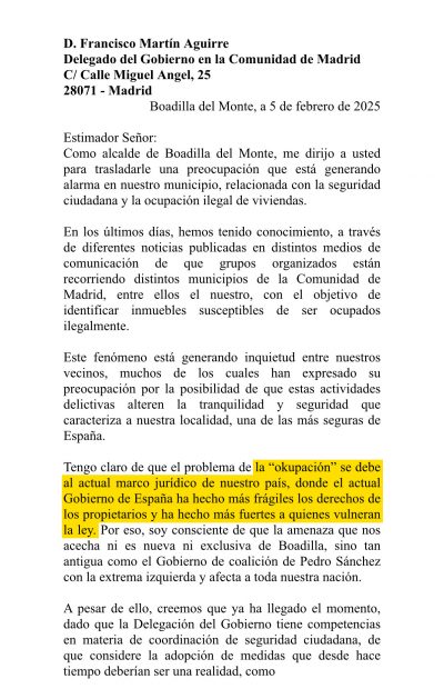 Carta del alcalde de Boadilla al delegado del Gobierno.