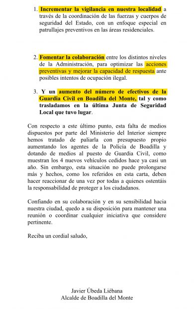 Carta del alcalde de Boadilla al delegado del Gobierno.