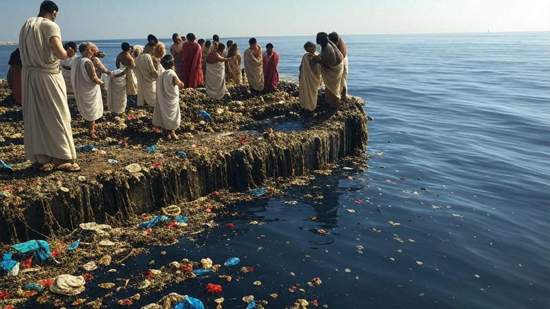 Civilización griega frente a un mar contaminado. Foto: ilustración propia.