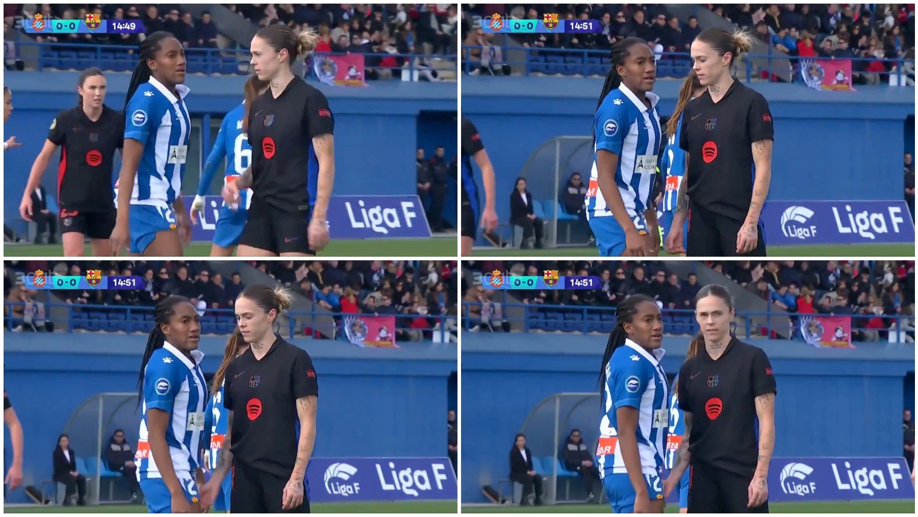 Mapi León toca las partes íntimas de Daniela Caracas durante el Espanyol-Barcelona. (Captura de pantalla)