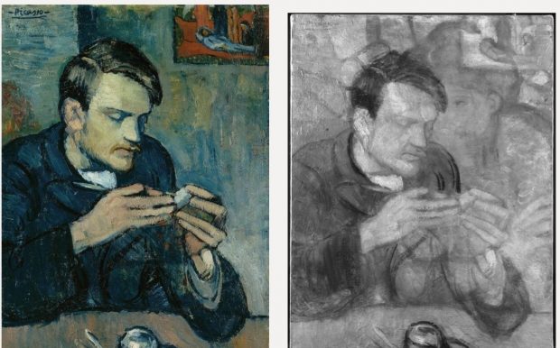 A la derecha el cuadro original del Retrato de Mateu Fernández de Soto (1901); a la izquierda la imagen infrarroja del mismo. 