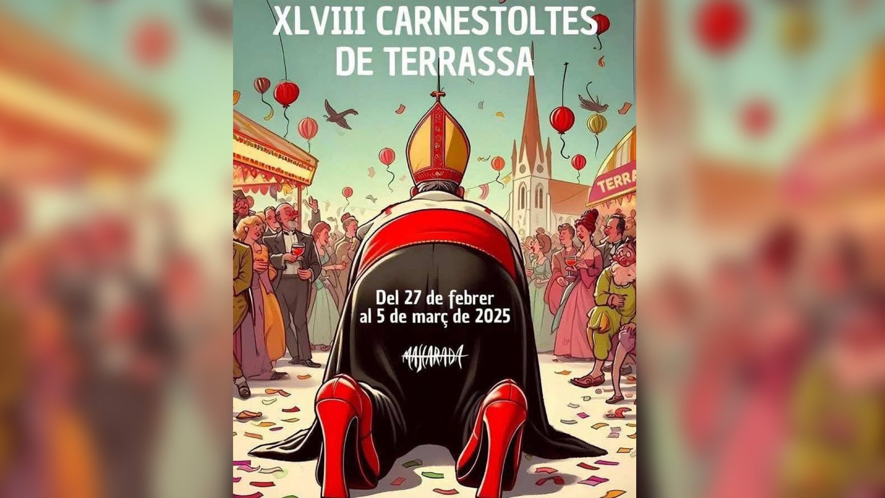 Un obispo en tacones y postrado a cuatro patas: así es el cartel anticristiano del carnaval de Terrassa