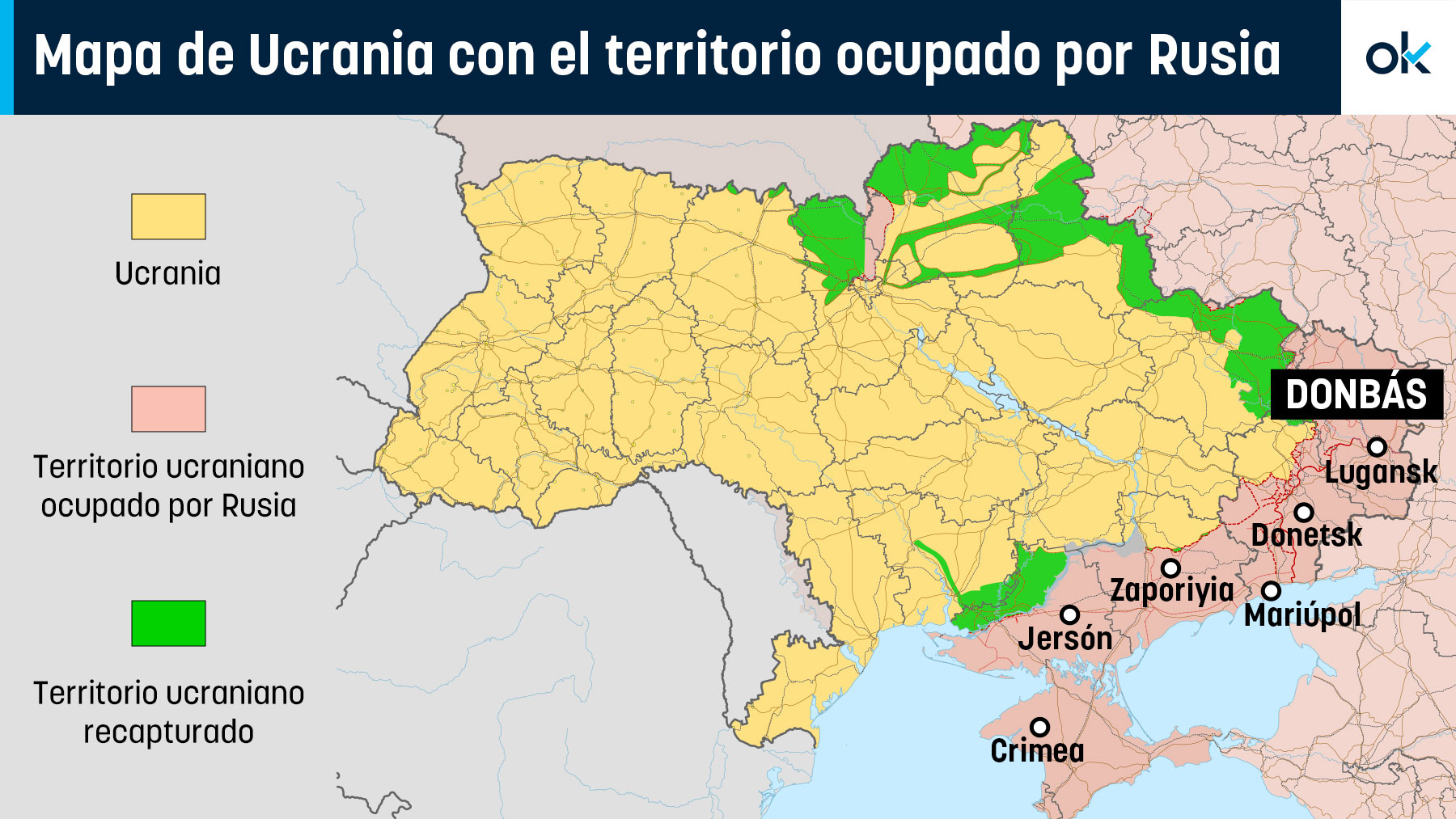 Mapa de Ucrania con la zona ocupada por Rusia.