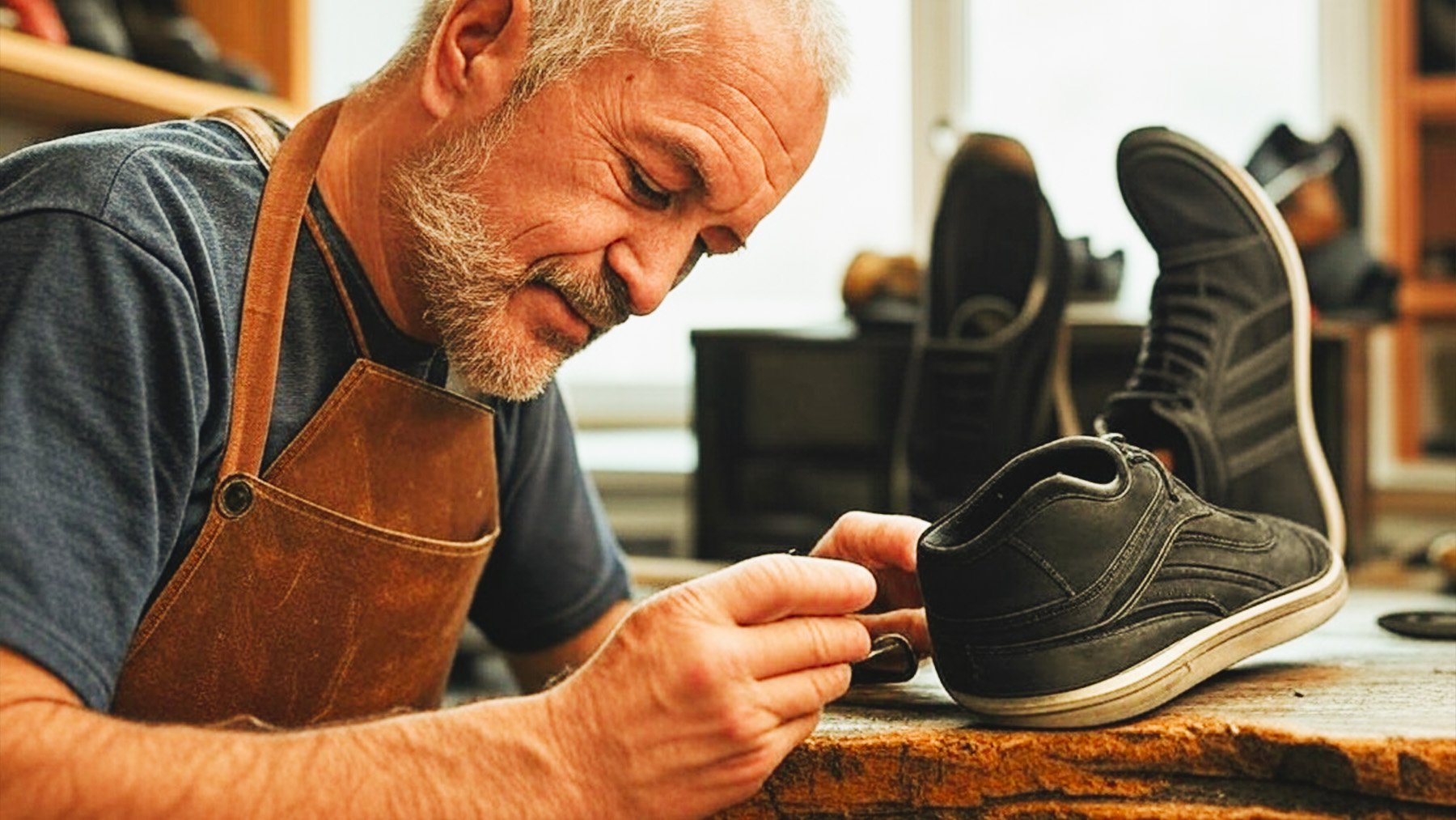 Zapatero trabajando con zapatillas. Foto: ilustración propia.