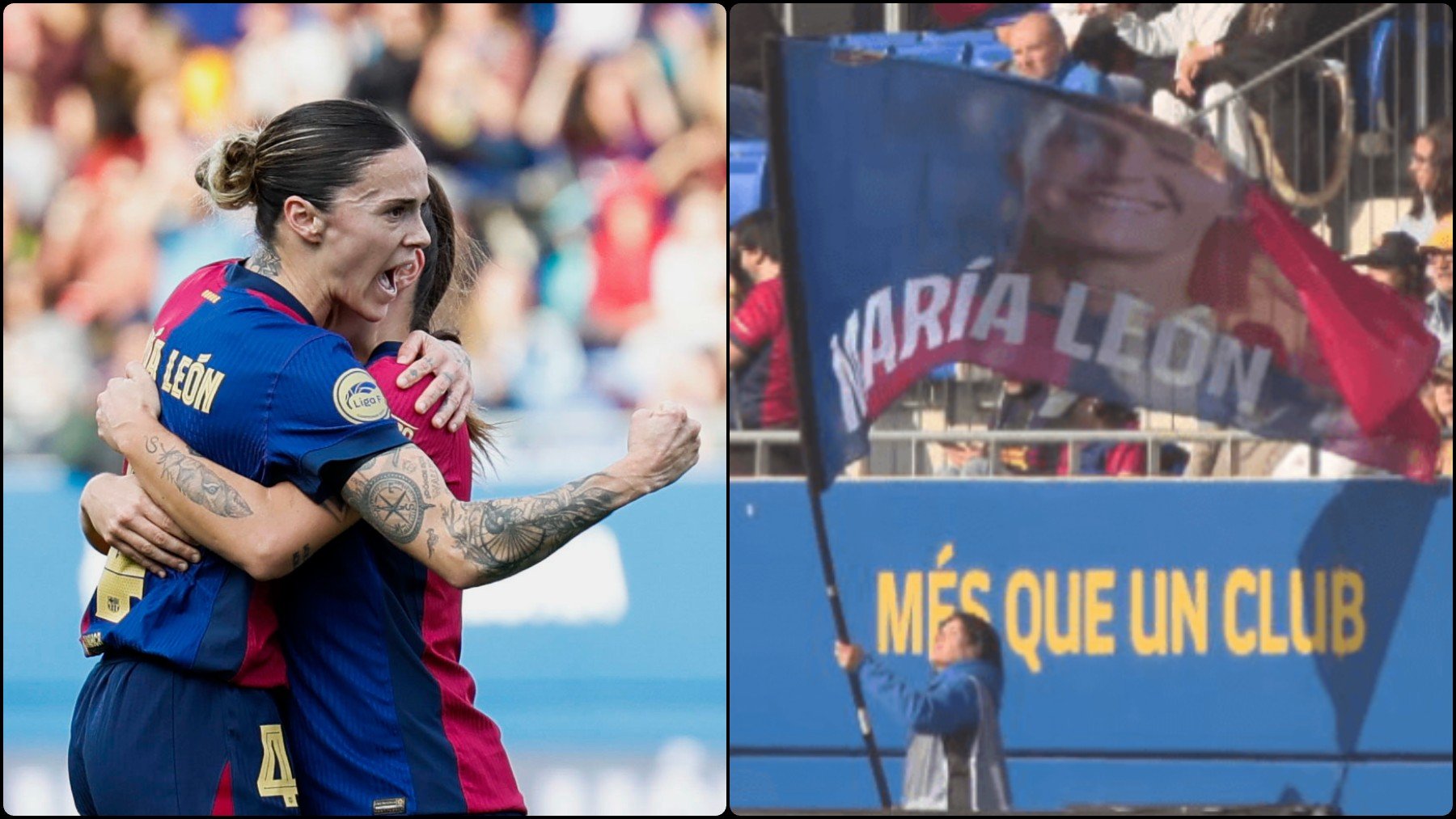 El Barcelona ensalza a Mapi León con una bandera gigante y cánticos a su favor tras su agresión sexual