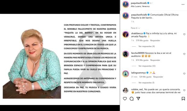 Comunicado de la muerte de Paquita la del Barrio. (Instagram)