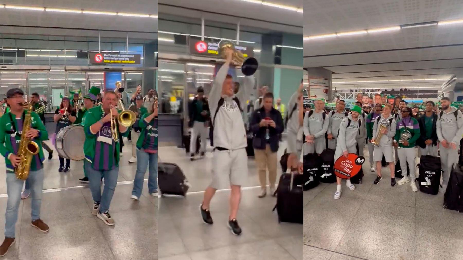 La afición de Unicaja celebra la Copa del Rey con los jugadores y cuerpo técnico.