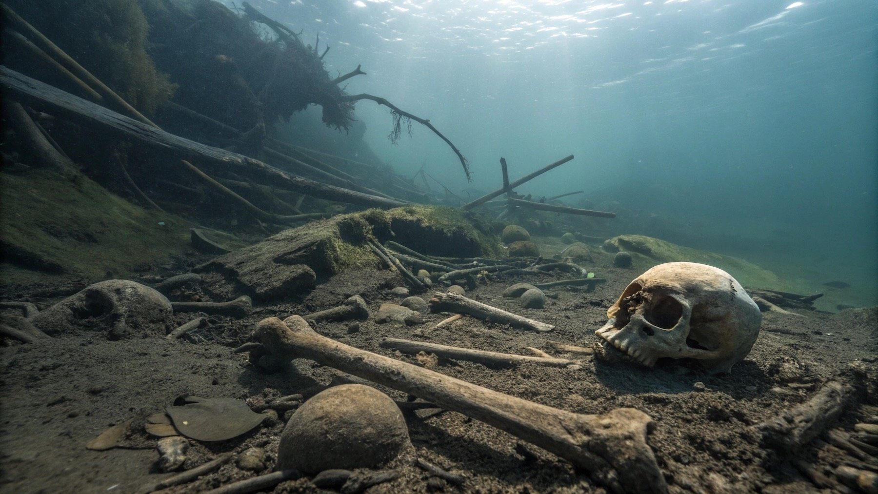 Recreación de huesos en el fondo del río. Imagen: Ilustración propia.