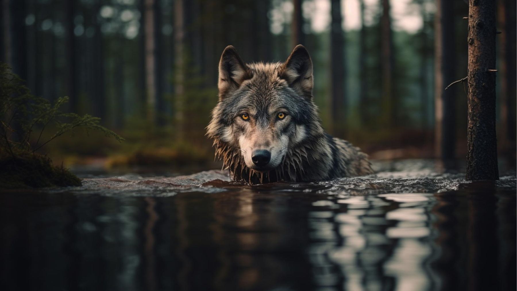 Un lobo en el agua. Foto: Freepik IA