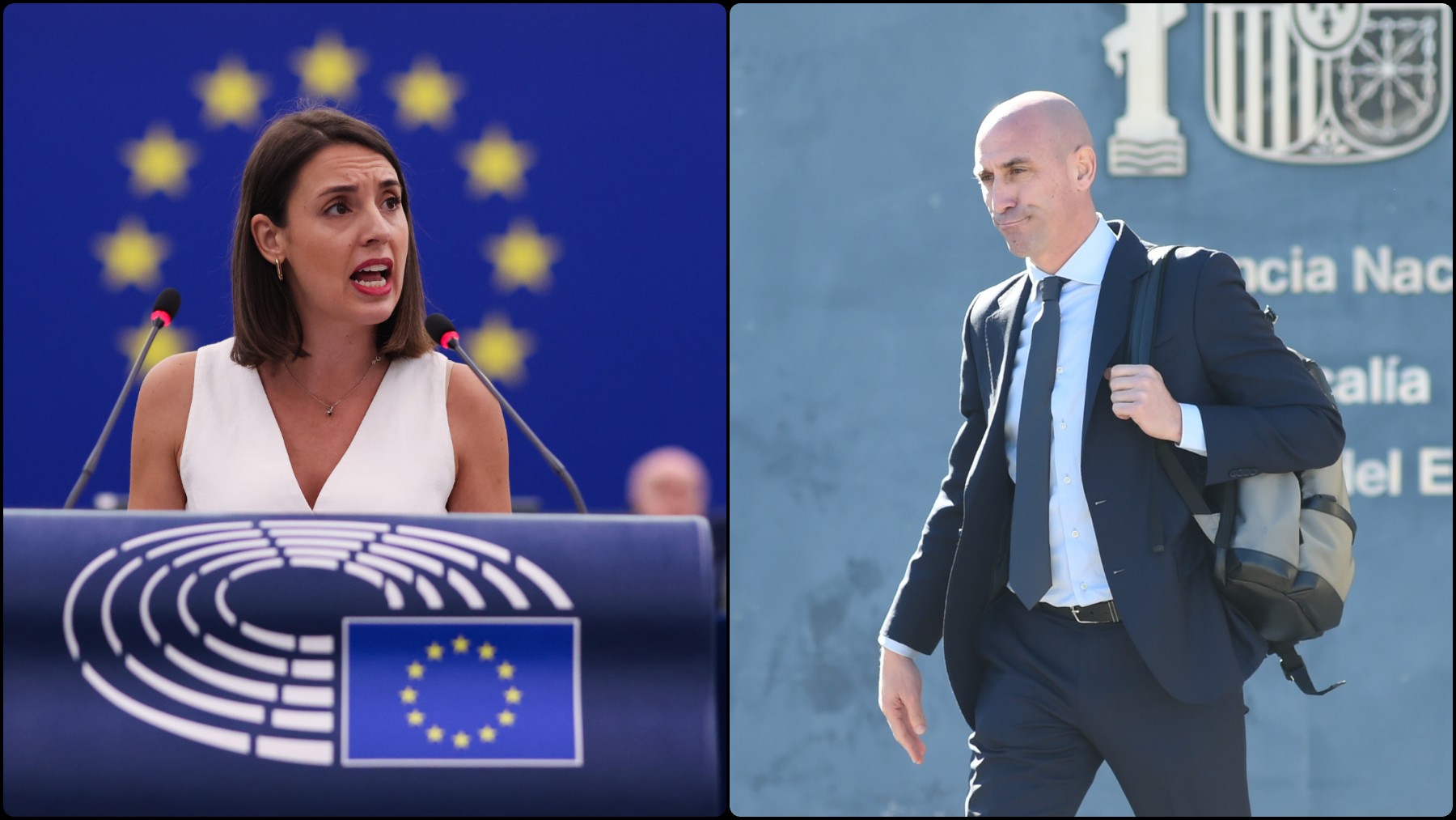 Irene Montero, durante un discurso en el Parlamento Europeo, y Rubiales, a su salida de la Audiencia Nacional.