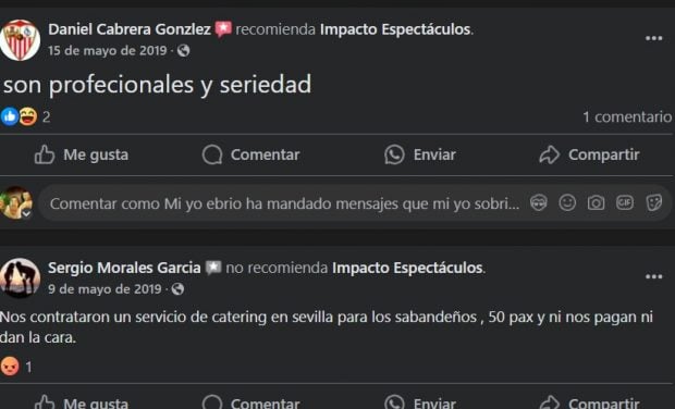 Captura de la opinión que Daniel Cabrera escribió sobre Impacto Espectáculos, su propia empresa (Facebook).