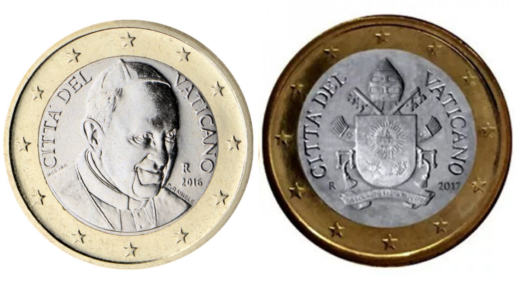 Moneda vaticana de un euro con y sin efigie del Papa Francisco.