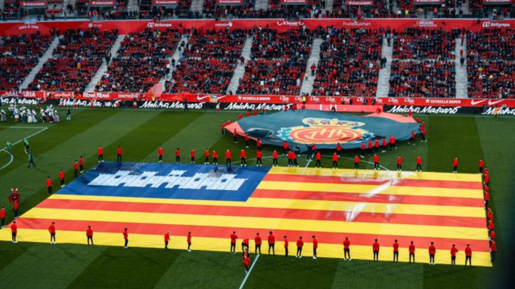 Bandera de Baleares y escudo del Mallorca en el césped de Son Moix.