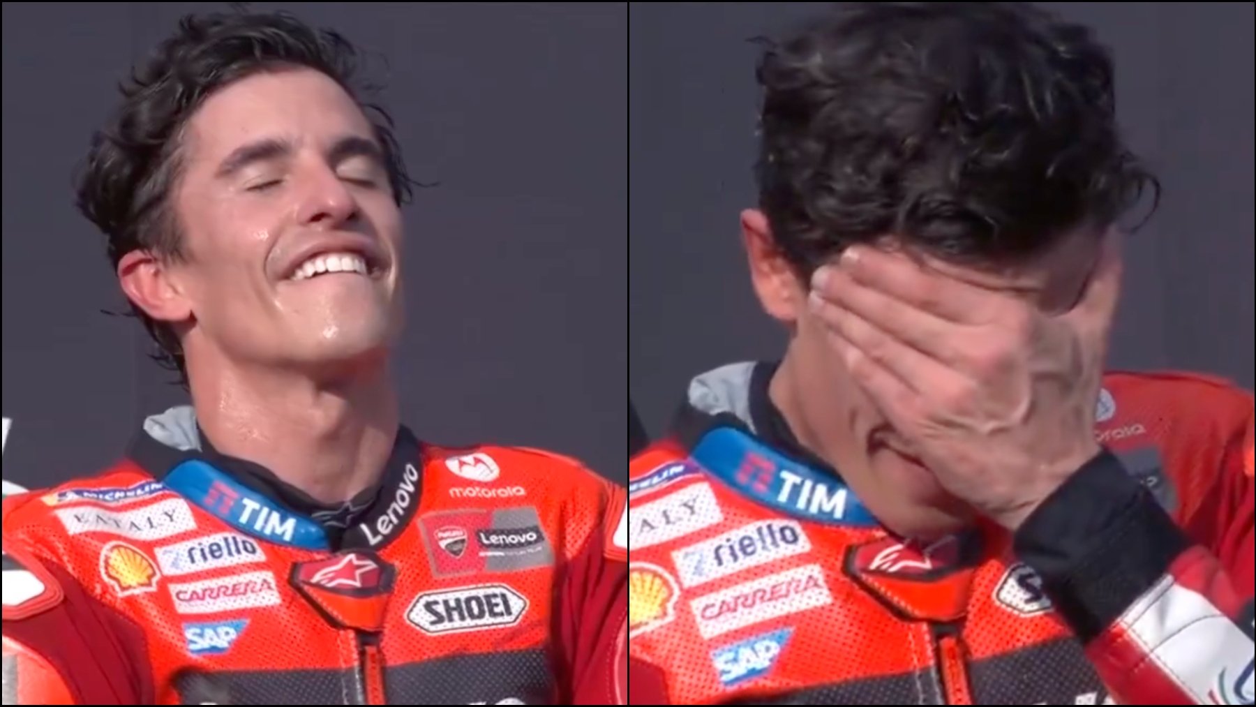 Márquez se emociona al escuchar el himno de España.