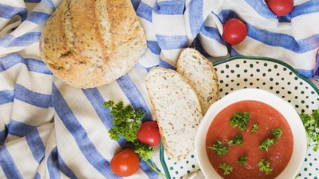 Receta de gazpacho, tomates, pan, picnic