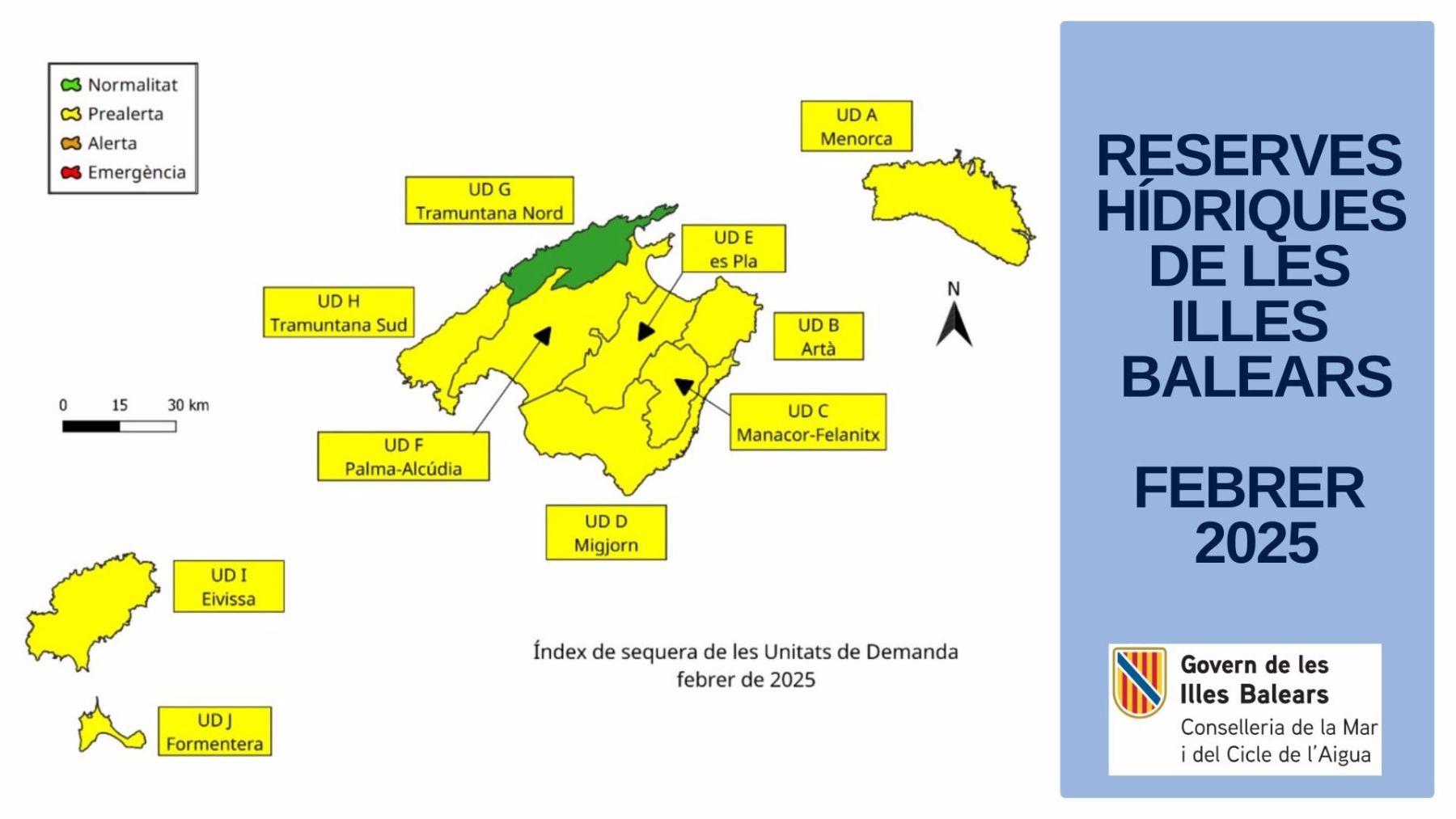 Mapa de las reservas hídricas de Baleares en febrero de 2025.