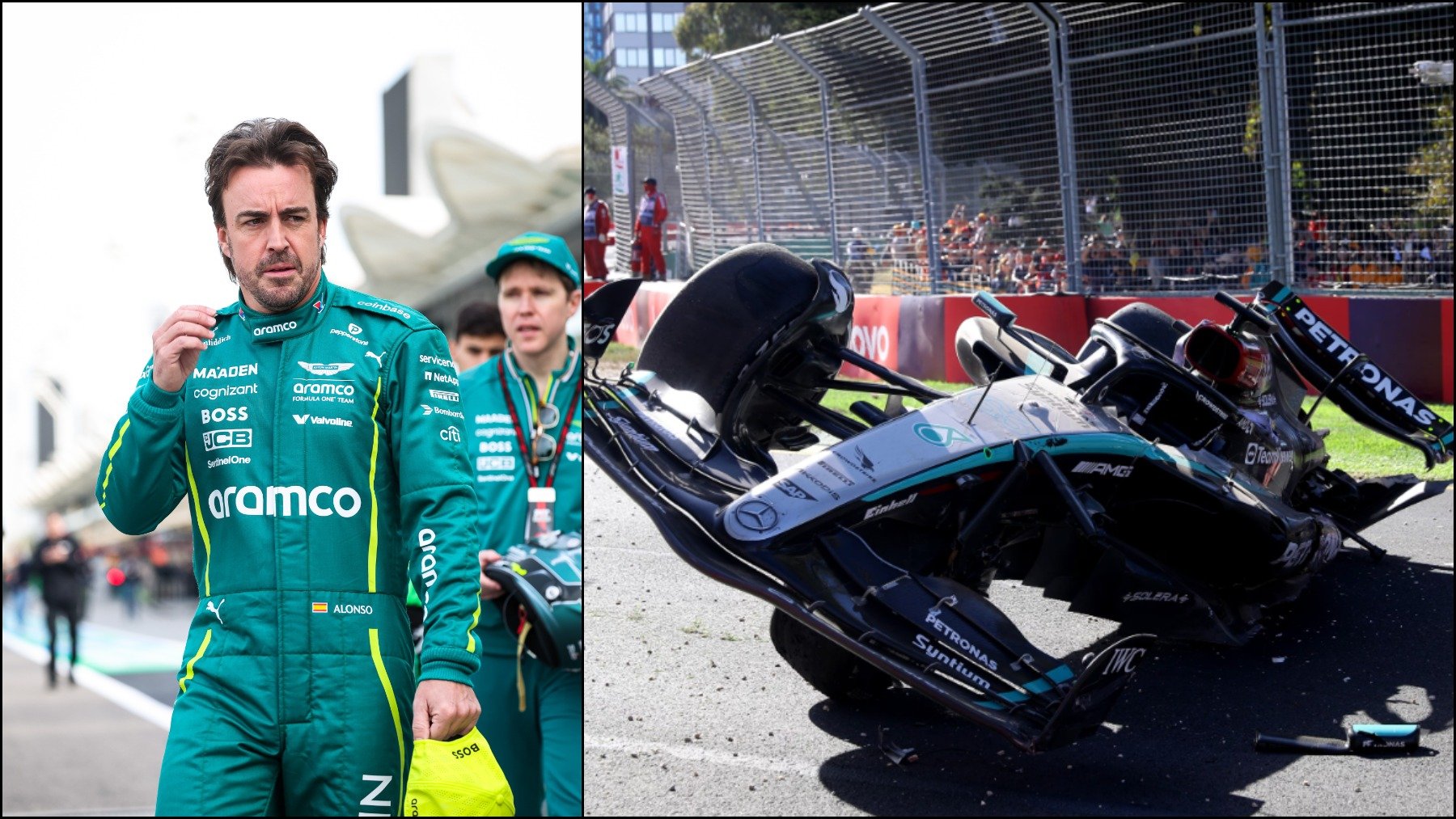 Fernando Alonso y el accidente de George Russell en el GP de Australia 2024.